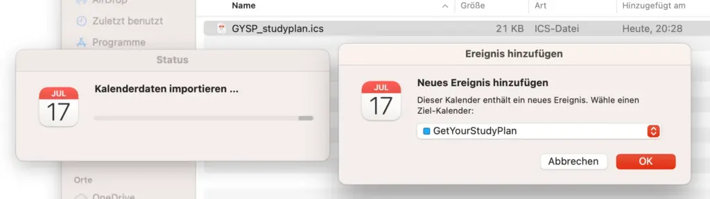 Einfügen des Lernplans in Apple Kalender