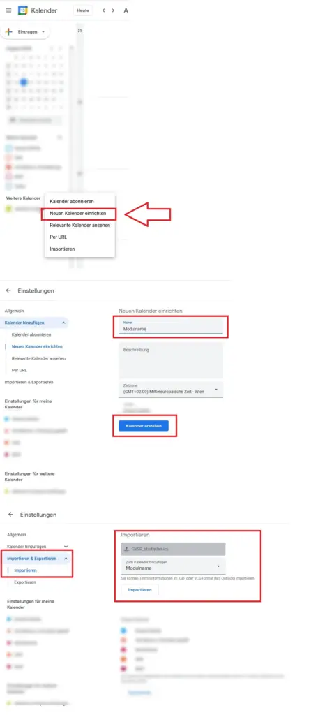 Schrittfolge zum Import in Google Kalender