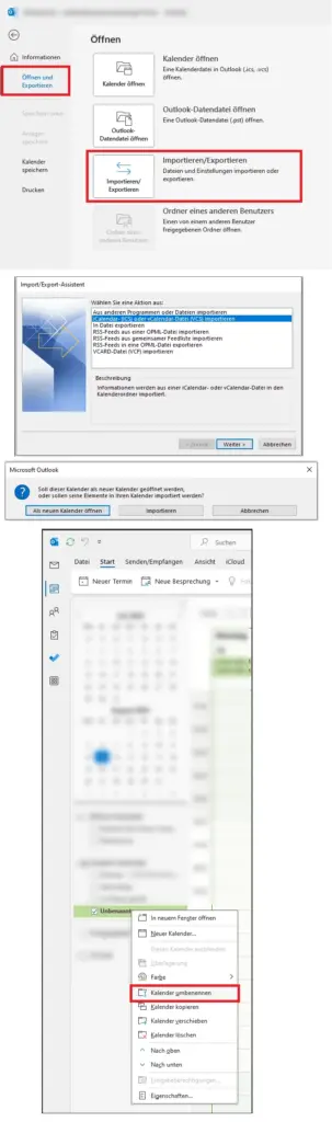 Schrittfolge zum Import des Lernplans in Outlook
